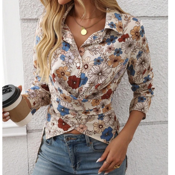Boho Floral Print Button Tie Back Long sleeve Top - Picture 3 of 4